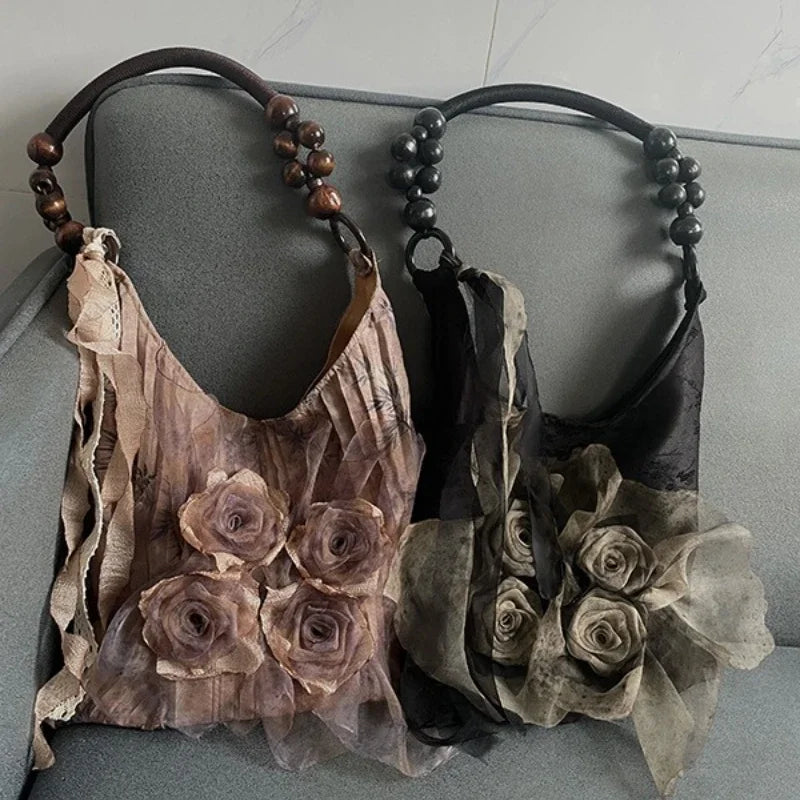 Chinese Style Rose Decor Shoulder Bag - Classic Pleated Commuter Tote Bag - JStorehub 