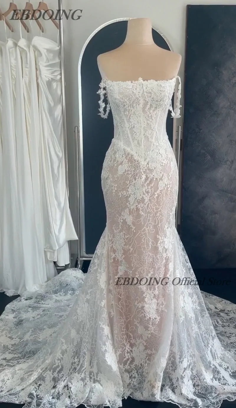 Mermaid Lace Wedding Dress - Boat Neck Basque with Beading Customized Bridal Gown - JStorehub 