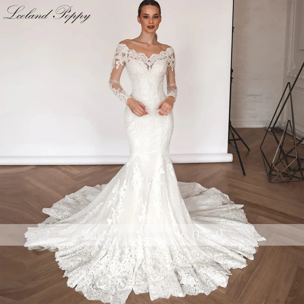 Iceland Poppy Customized Boat Neck Mermaid Lace Wedding Dress with Detachable Train - JStorehub 