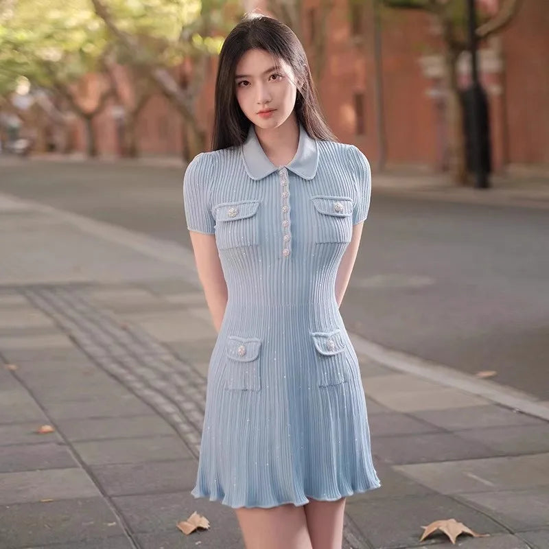 Women Dresses - Polo Neck Knitted Dress Y2K - Salman Store
