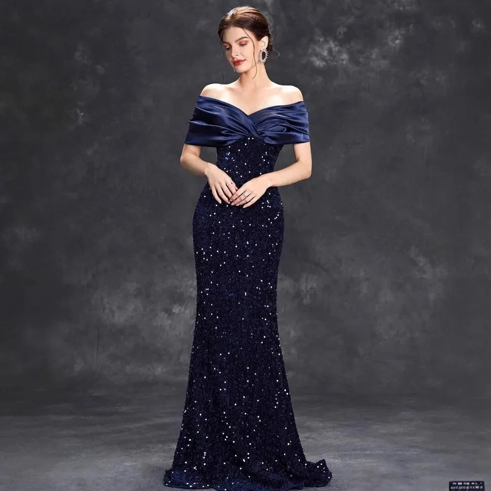 Slim Fit One Shoulder Sequin Evening Gown - A-Line Floor Length Party Dress - JStorehub 