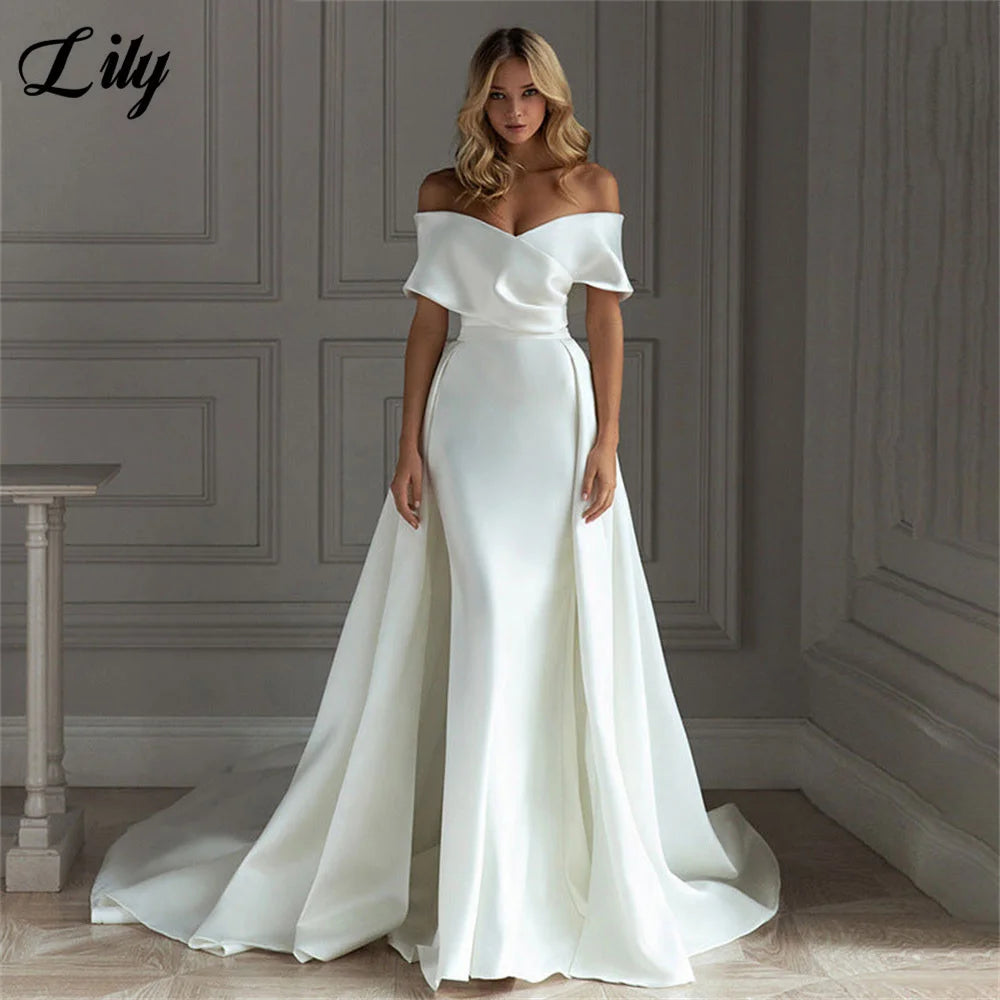 Lily White Off-Shoulder Backless Prom Dress - Satin Mermaid Evening Gown - JStorehub 