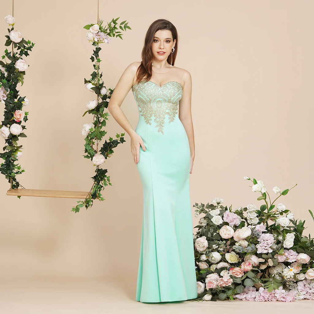 Royal Blue Mermaid Evening Dress with Golden Appliques Lace - Prom Wedding Gown - SalmanStore 