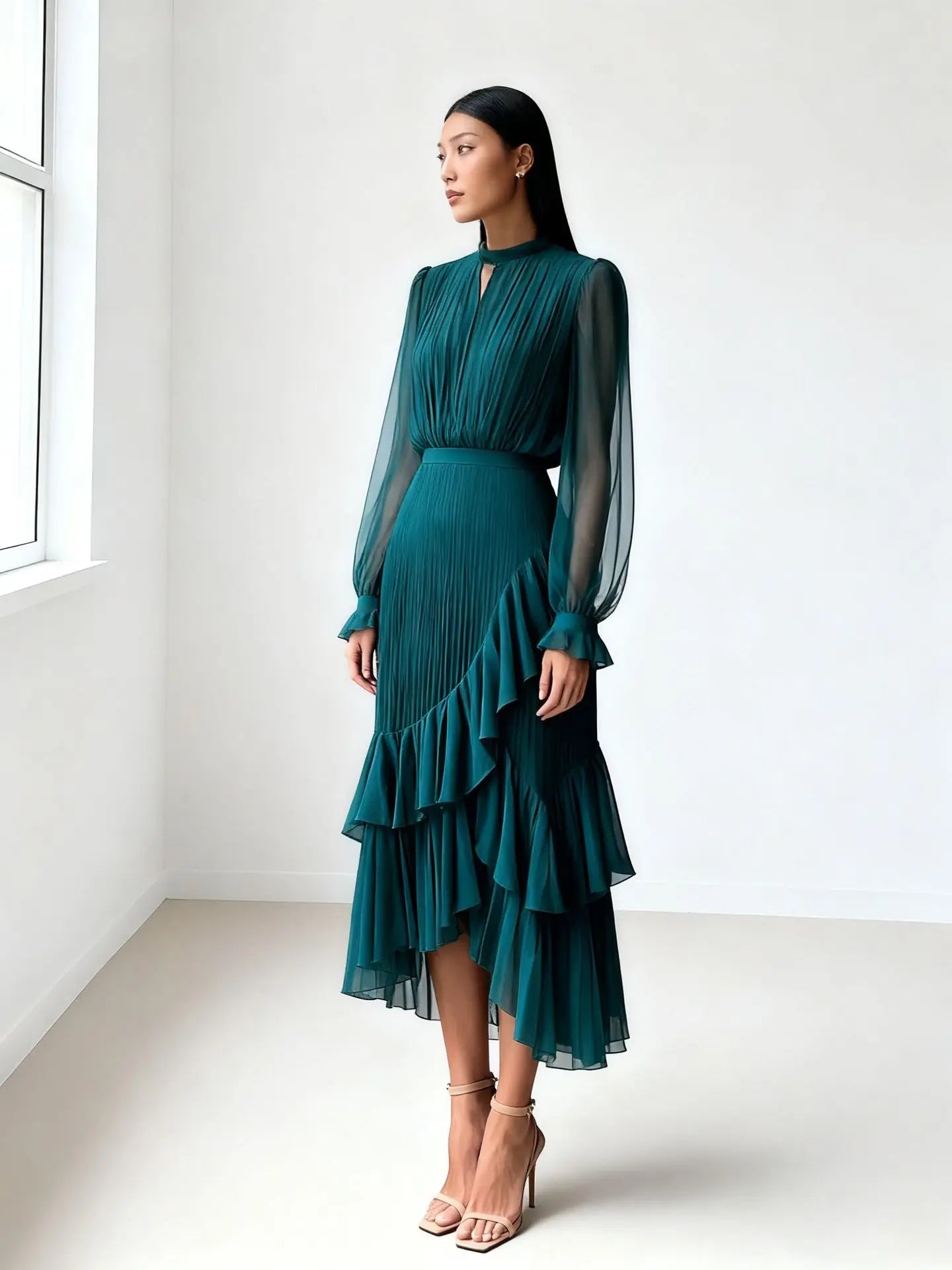Ruffle Long Sleeve Layered A-Line Dress - Chic Spring Summer Pleated Gown - SalmanStore 