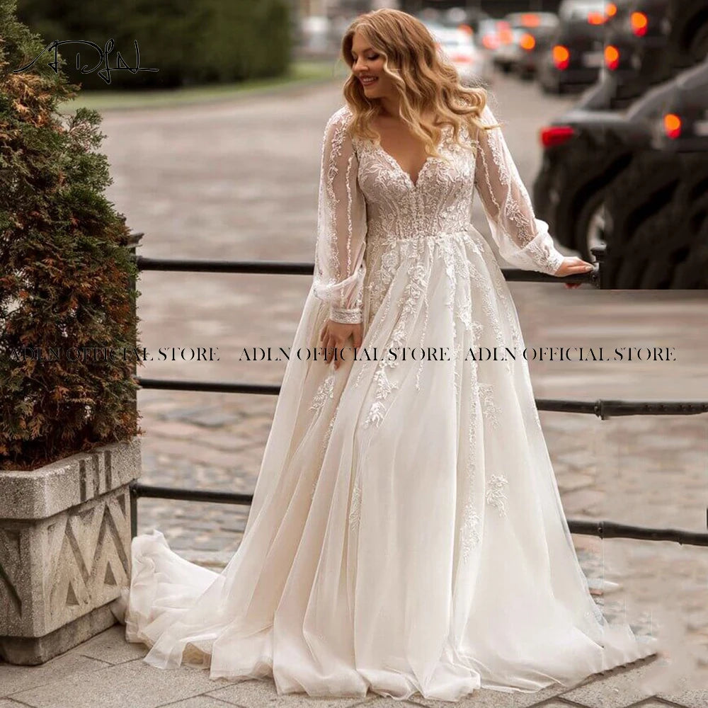 Gorgeous A-Line Plus Size Wedding Dress - Customized Long Sleeve Bridal Gown with Sweep Train - JStorehub 