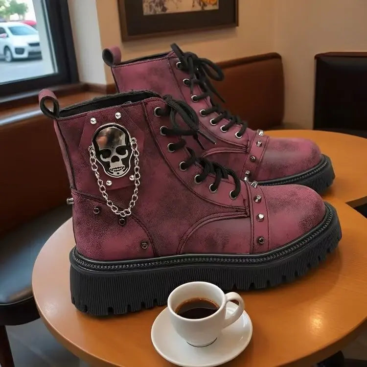 Women's Punk Ankle Boots - Platform Buckle Lace-Up Block Heel Shoes
