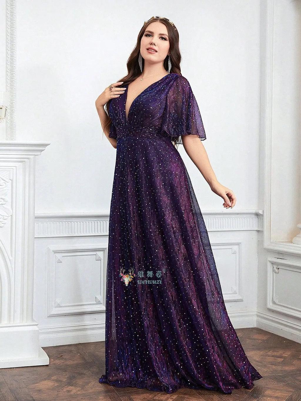 Plus Size Purple A-Line Evening Dress - Deep V-Neck Waist Cinched Rhinestone Gown - JStorehub 
