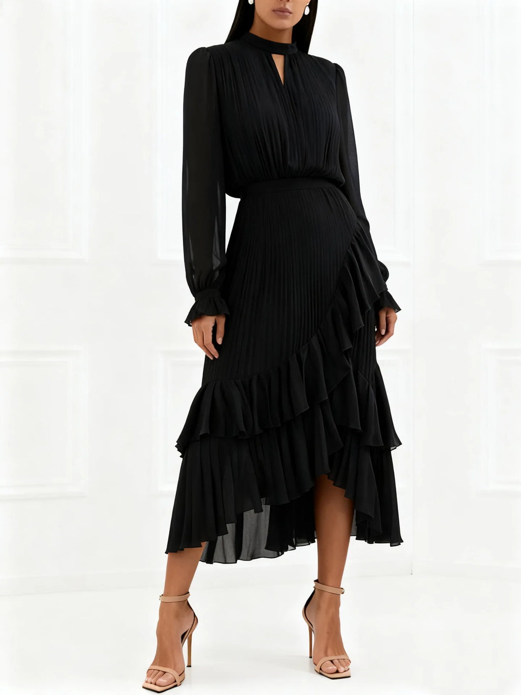 Ruffle Long Sleeve Layered A-Line Dress - Chic Spring Summer Pleated Gown - SalmanStore 