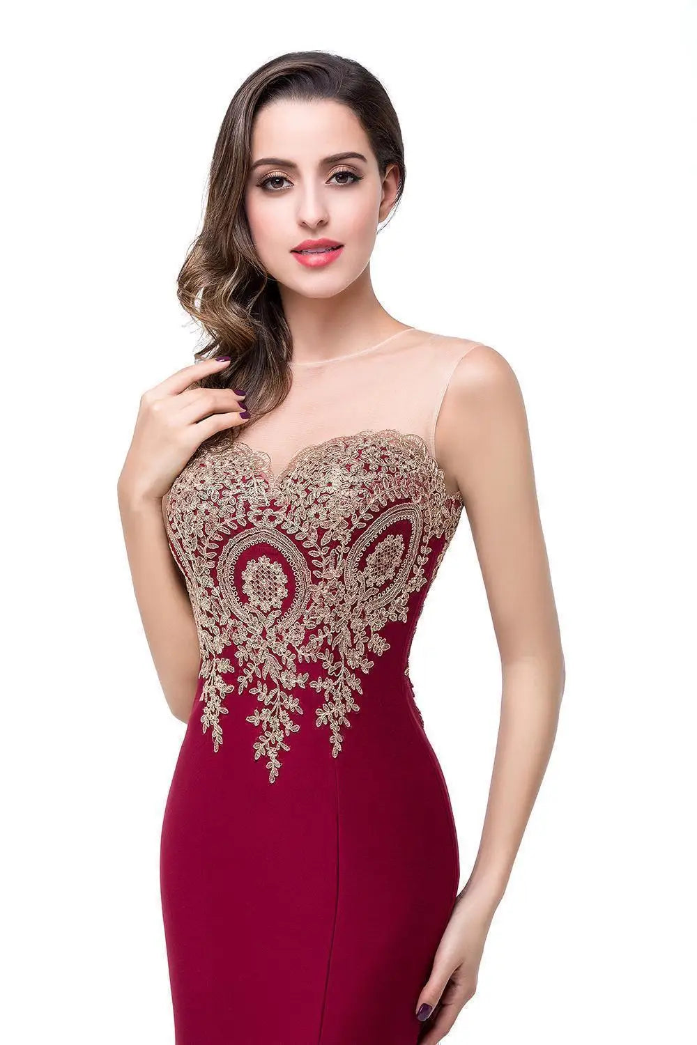 Golden Appliques Lace Mermaid Evening Dress - Sweetheart Illusion Prom Gown - SalmanStore 