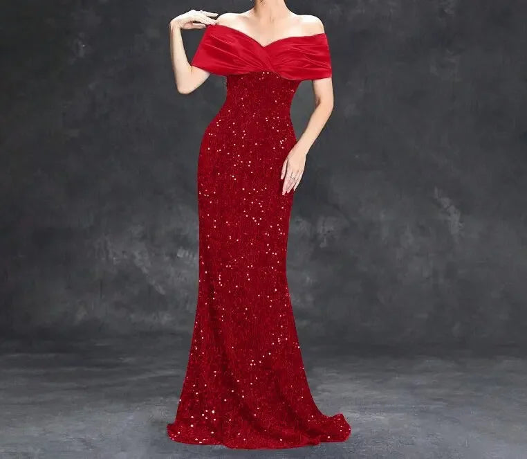 Slim Fit One Shoulder Sequin Evening Gown - A-Line Floor Length Party Dress - JStorehub 