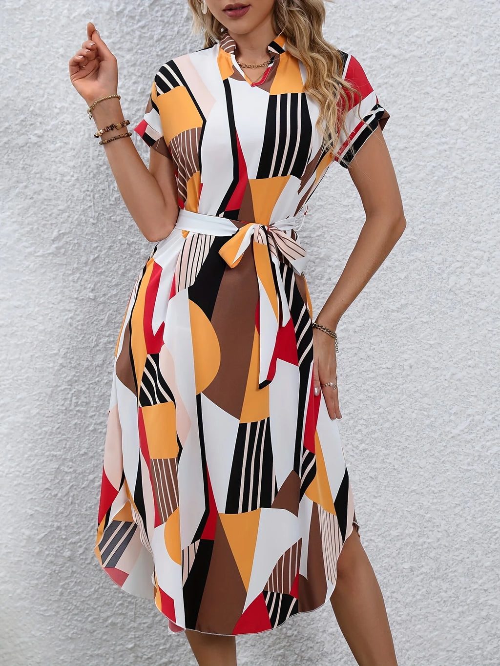 Elegant Full Print Bat Wing Sleeve Belt Dress for Women - Summer Fashion - JStorehub 