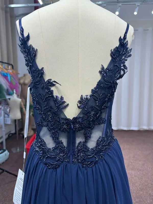 Navy Blue Beaded A-Line Evening Dress - Spaghetti Straps Illusion Prom Gown - SalmanStore 