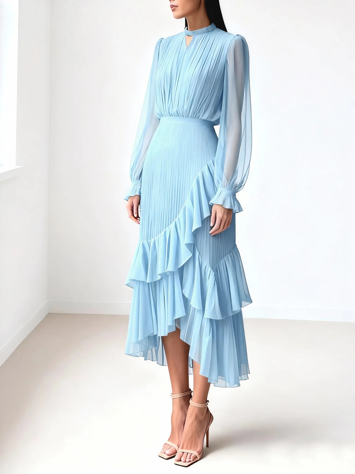 Ruffle Long Sleeve Layered A-Line Dress - Chic Spring Summer Pleated Gown - SalmanStore 