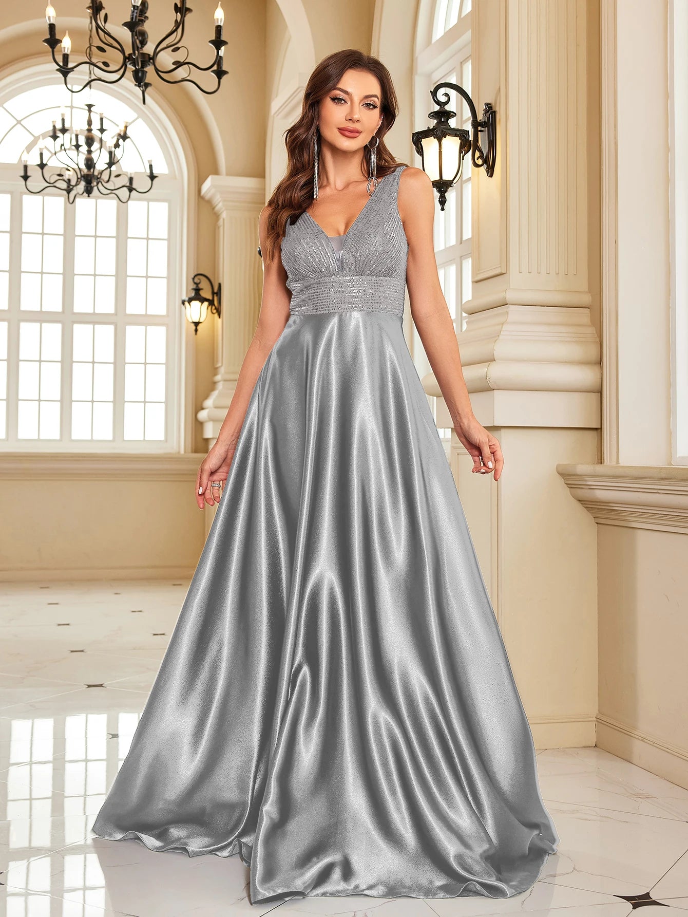 Elegant Sequin Evening Dress for Women - Deep V-Neck Satin Prom Gown 2024 - JStorehub 