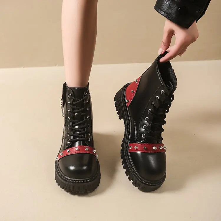 Women's Punk Ankle Boots - Platform Buckle Lace-Up Block Heel Shoes - JStorehub 