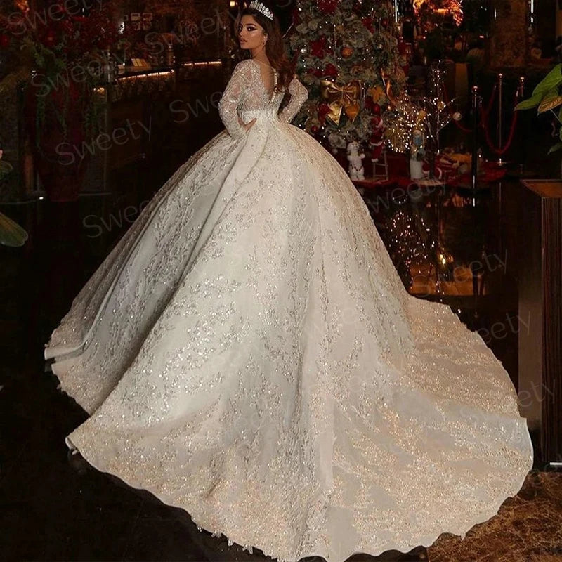 Shiny Fully Beaded Ball Gown Wedding Dress - O-Neck Full Sleeve Bridal Gown - JStorehub 