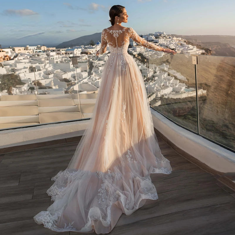 Gorgeous Detachable 2-in-1 Wedding Dress - Embroidered Lace with Train & Full Sleeves - JStorehub 