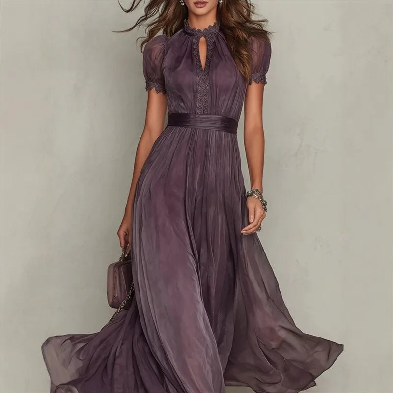 Vintage Hollow Out Maxi Dress - Stand Collar Lantern Sleeve Pleated Tunic - JStorehub 