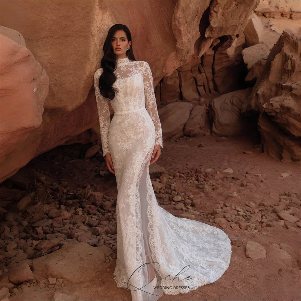 Luxury Lace Mermaid Wedding Dress - Long Sleeve High Collar with Side Split - JStorehub 