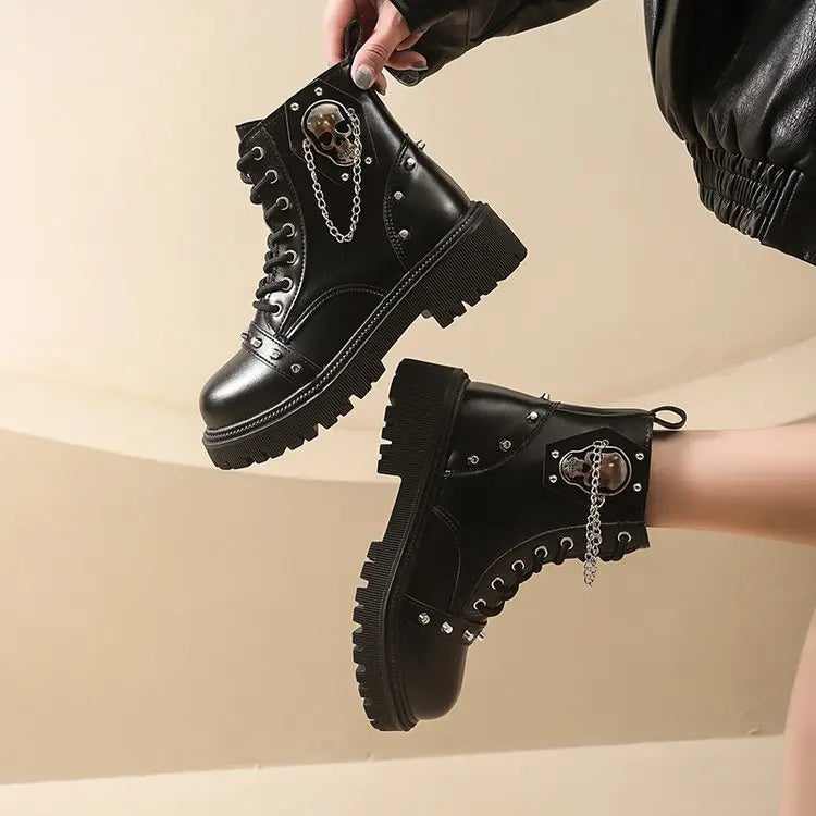 Women's Punk Ankle Boots - Platform Buckle Lace-Up Block Heel Shoes - JStorehub 