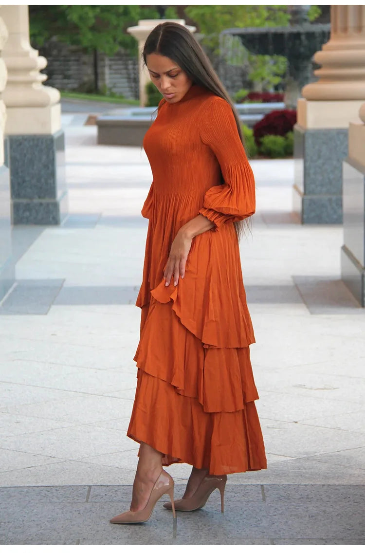 Miyake Pleated Lantern Sleeve Dress - Solid Color Lotus Edge Long Skirt - JStorehub 