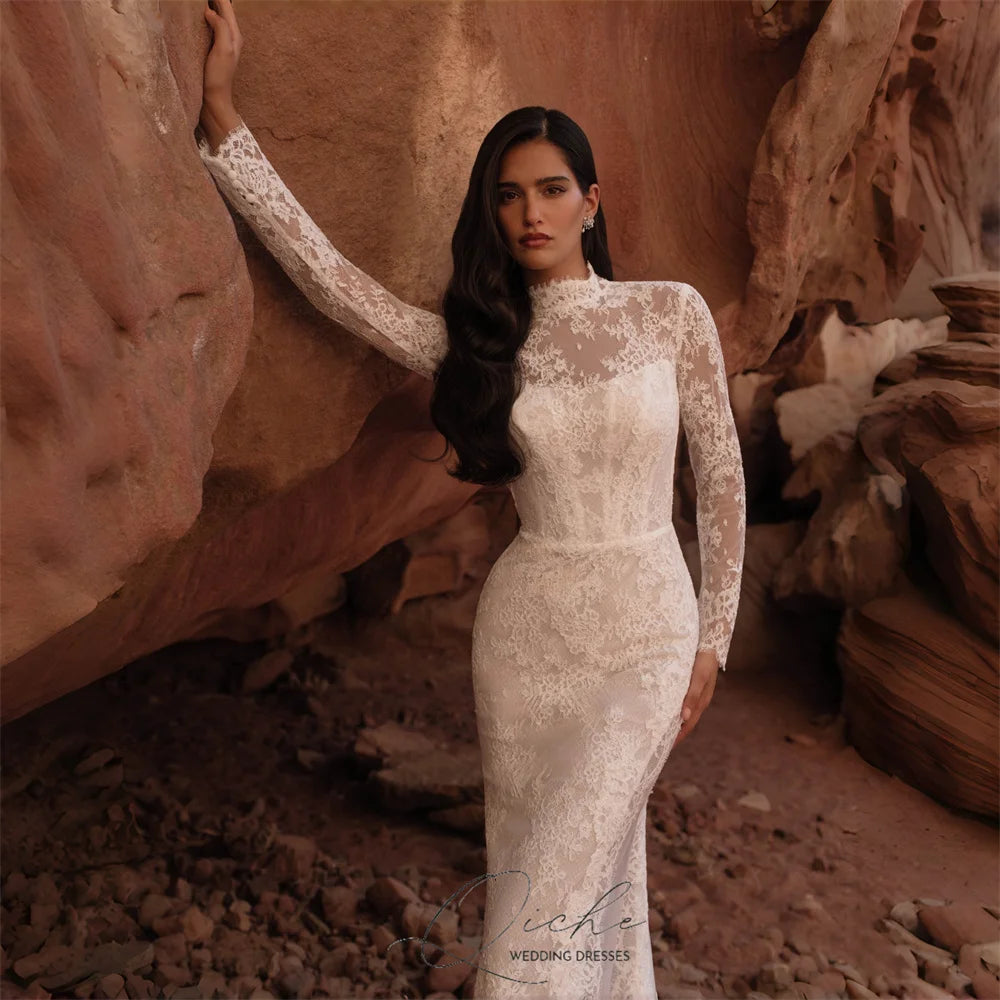 Luxury Lace Mermaid Wedding Dress - Long Sleeve High Collar with Side Split - JStorehub 