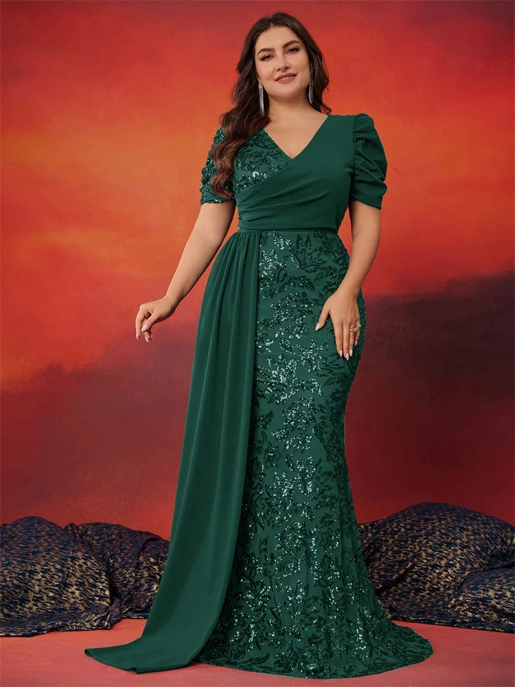 Plus Size Elegant V-neck Sequins Evening Dress Women Short Sleeves Mermaid Formal Luxury Party Streamer Prom Dress - JStorehub 