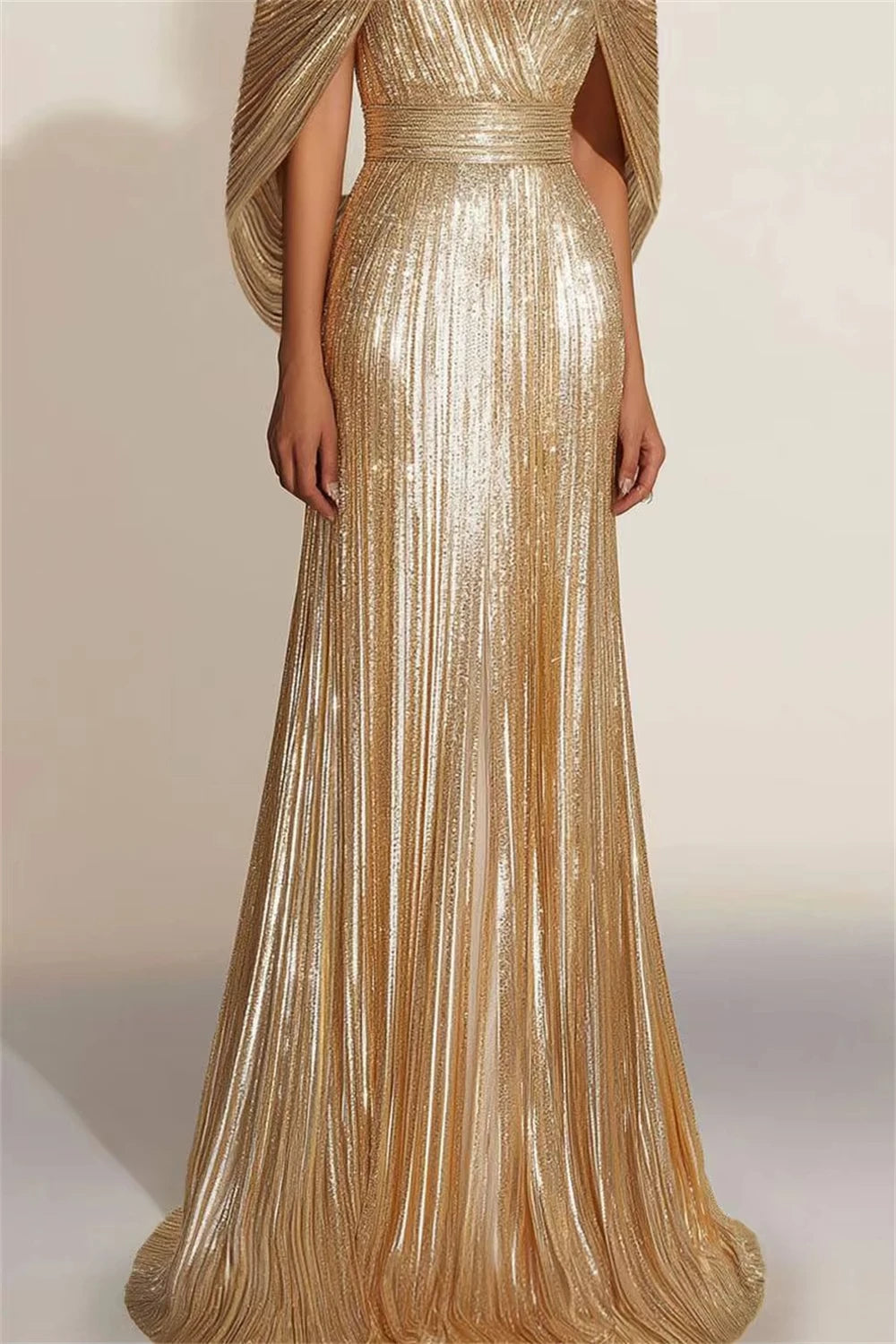 Gold V-Neck A-Line Glitter Prom Dress with Shawl - Floor Length - JStorehub 