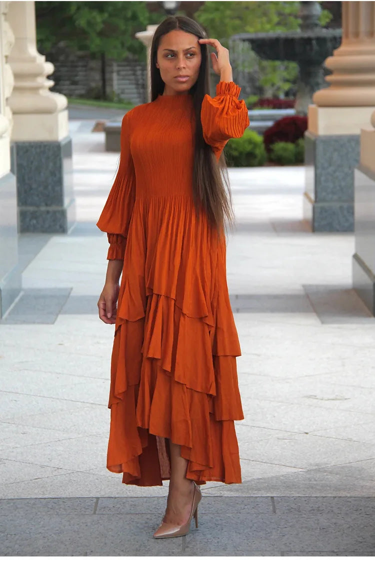 Miyake Pleated Lantern Sleeve Dress - Solid Color Lotus Edge Long Skirt - JStorehub 
