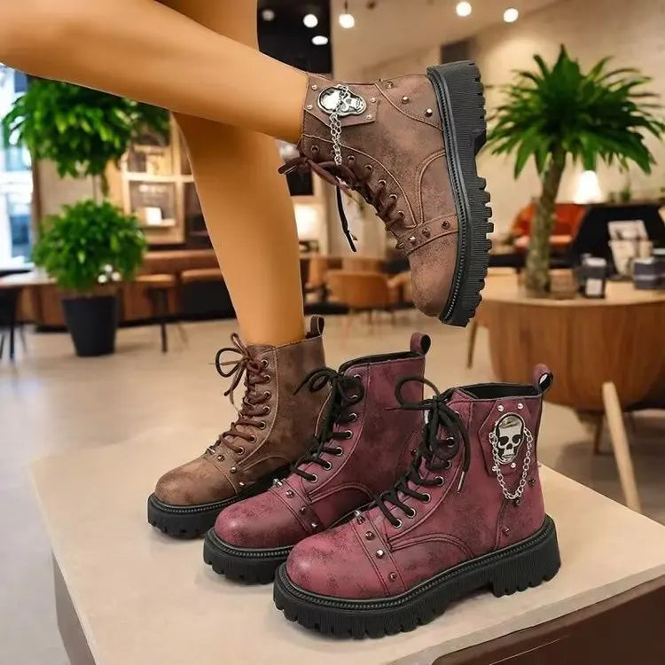 Women's Punk Ankle Boots - Platform Buckle Lace-Up Block Heel Shoes