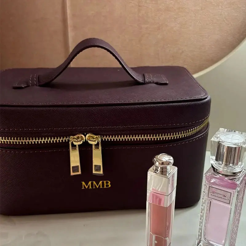 Custom Name Ladies Saffiano Split Leather Travel Toiletry Bag - Hanging Makeup Organizer - JStorehub 