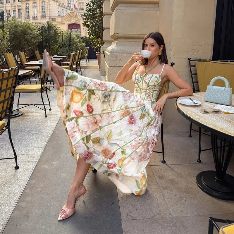Elegant Printed Flower Women's Dress Contrast Sleeveless Halter Waist-Closed A-Line Lady Dresses Summer Fashion Vacation Robe