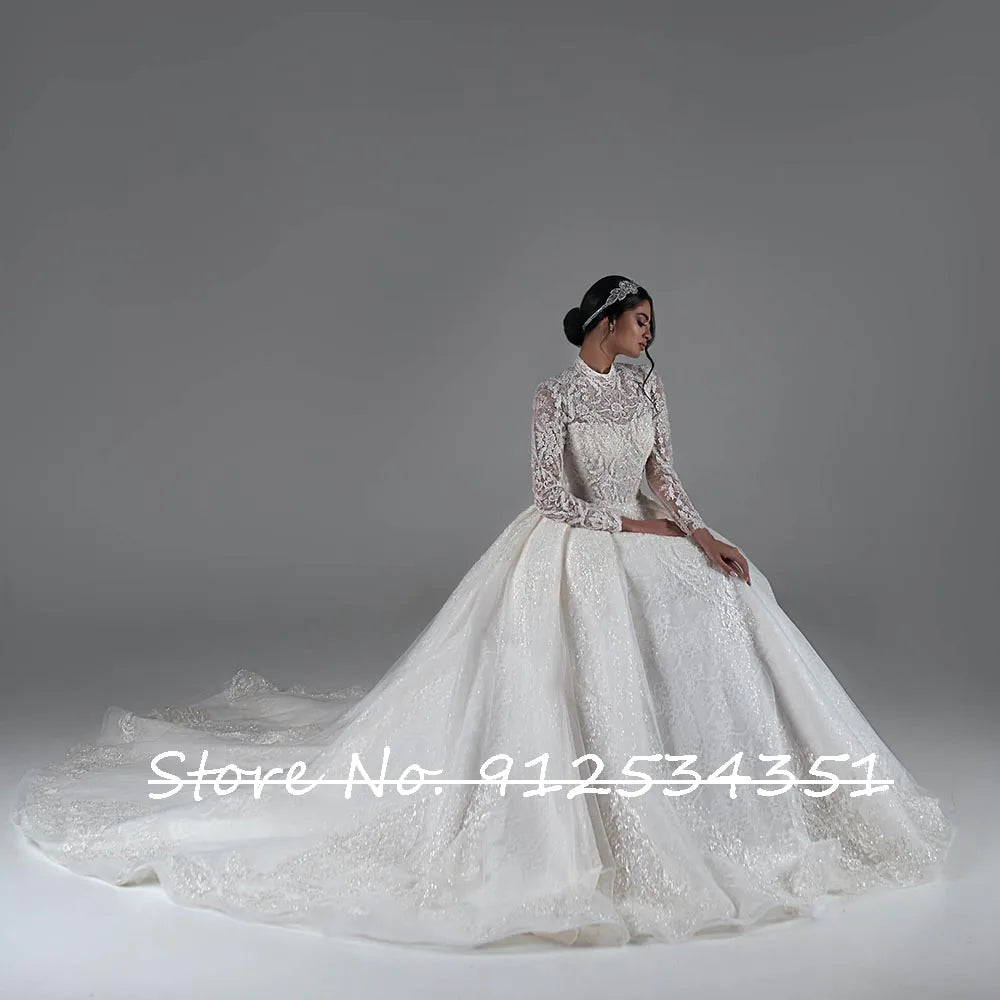 O-Neck Pearls Beaded Ball Gown Wedding Dress - Long Sleeve Shiny Sequins Lace Bridal Gown - JStorehub 