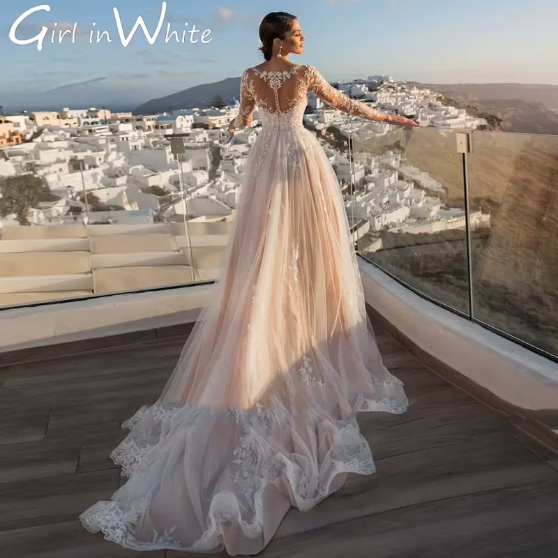 Detachable 2-in-1 Wedding Dress - Embroidered Lace Applique Tulle Bridal Gown - JStorehub 
