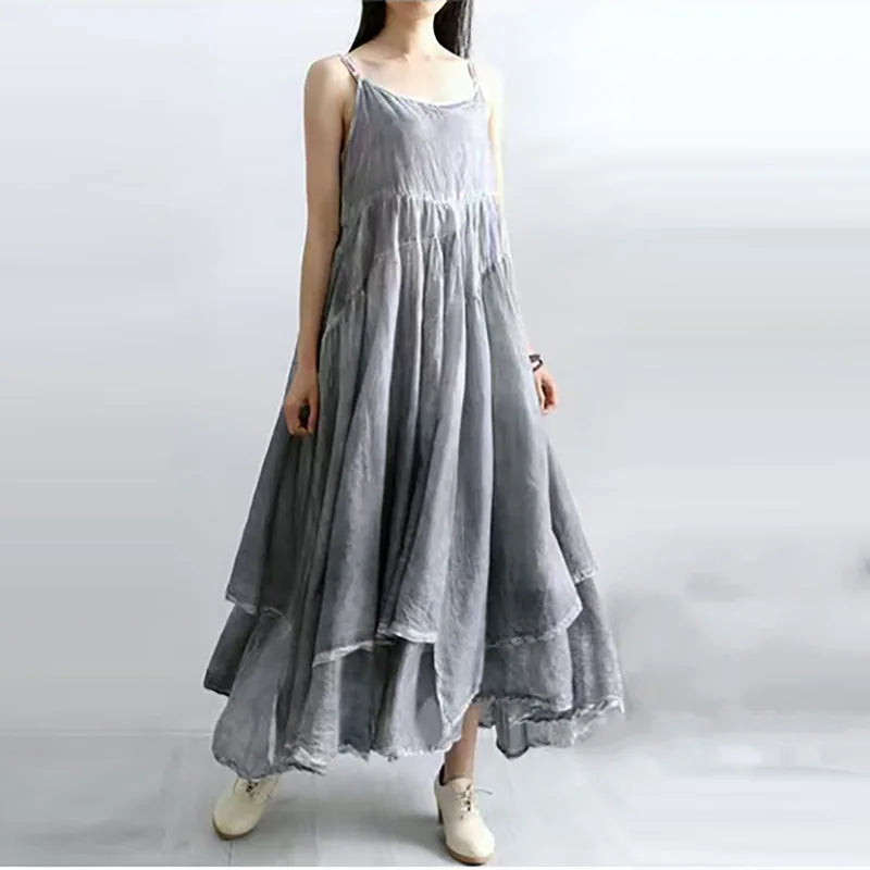 Summer Artistic Double Layer Linen Dress - Asymmetrical Hem Wide Waist - JStorehub 