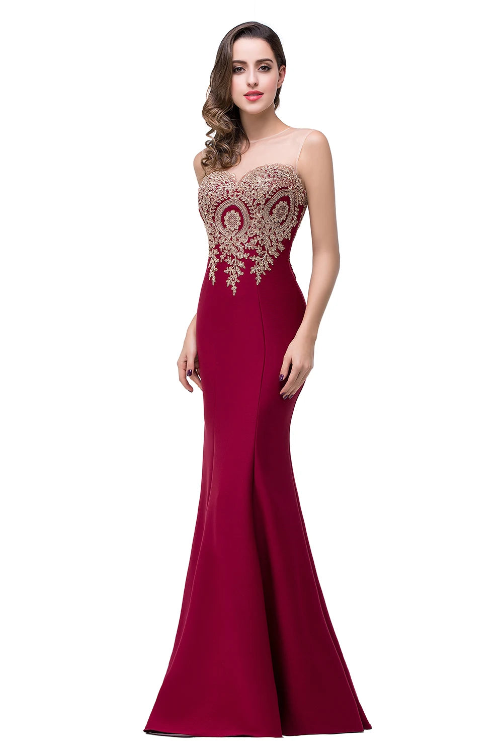 Golden Appliques Lace Mermaid Evening Dress - Sweetheart Illusion Prom Gown - SalmanStore 