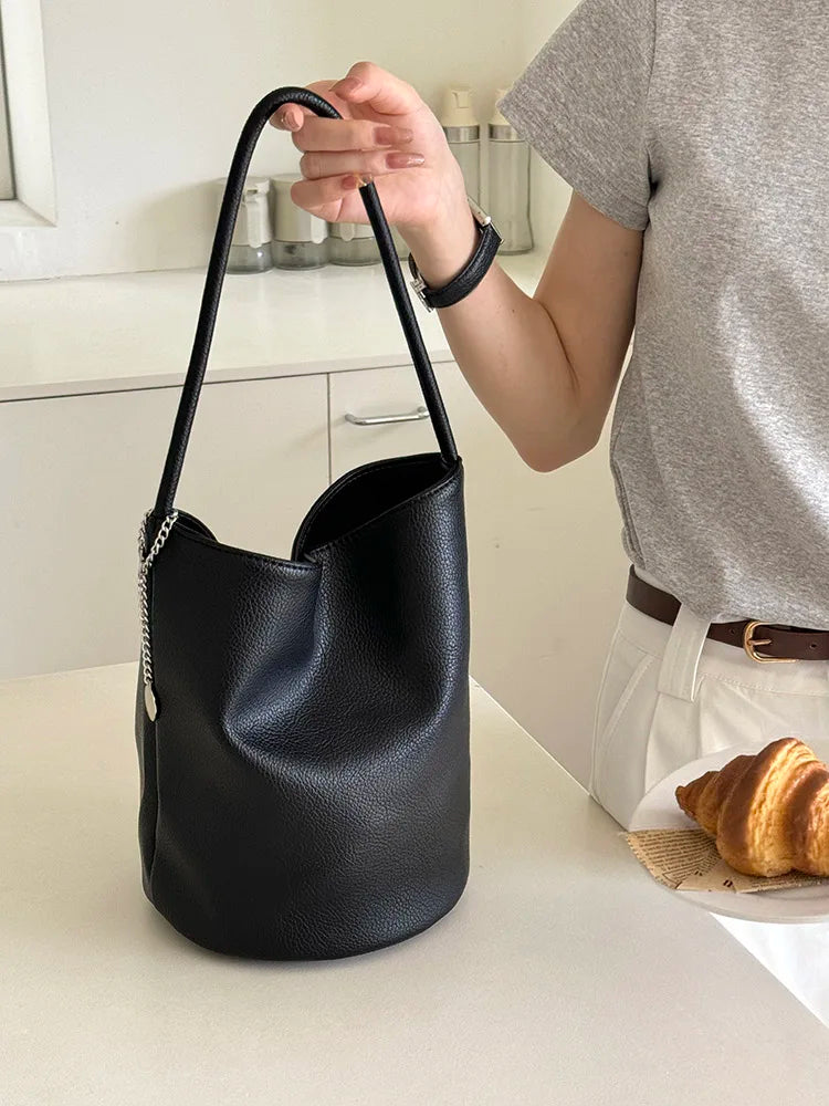 2026 Lychee Pattern Soft Leather Bucket Bag for Women - Casual Underarm Handbag - JStorehub 