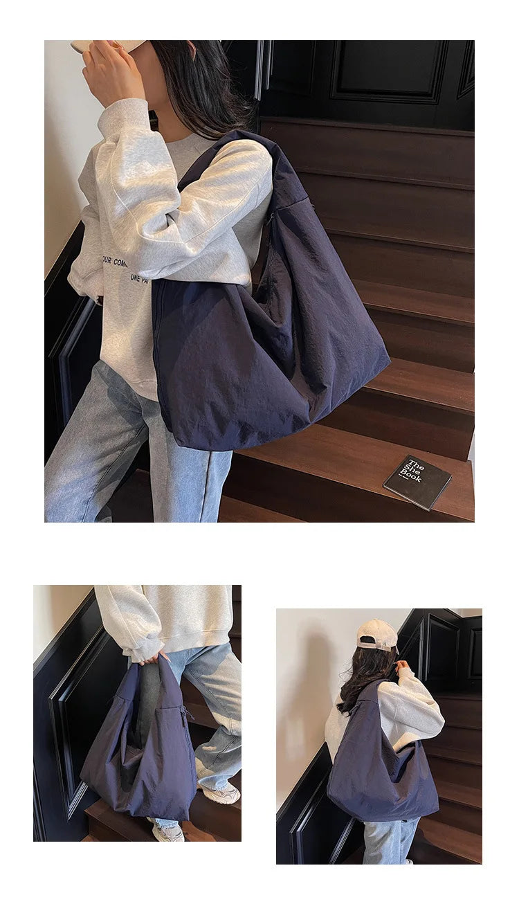 Chic Solid Color Nylon Tote Bag with Multiple Pockets - Large Capacity Shoulder Bag - JStorehub 