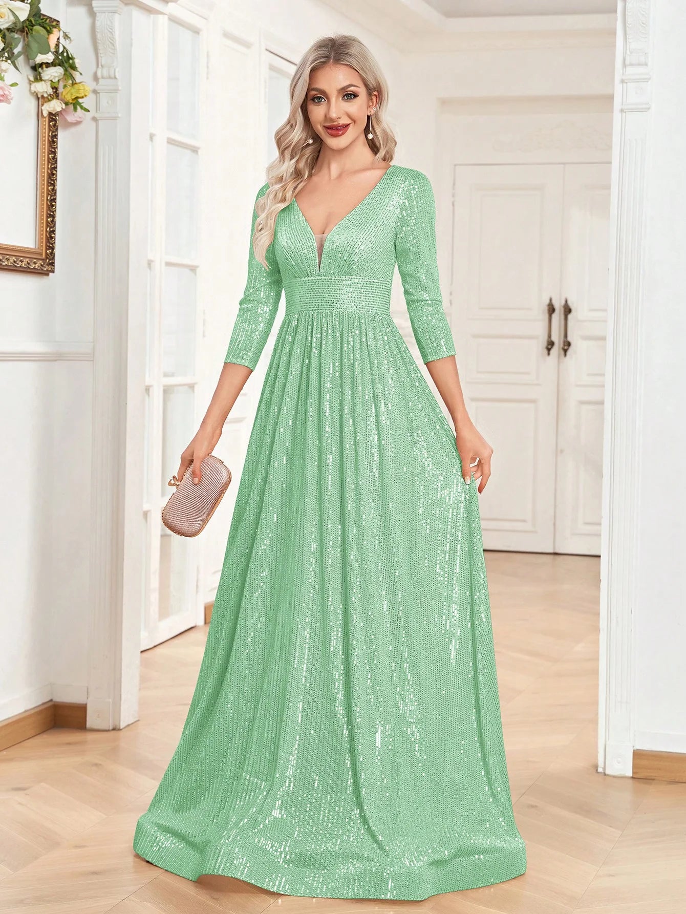 Luxury Blue Sequin Long Sleeve Evening Dress - V-Neck Formal Prom Gown 2025 - JStorehub 