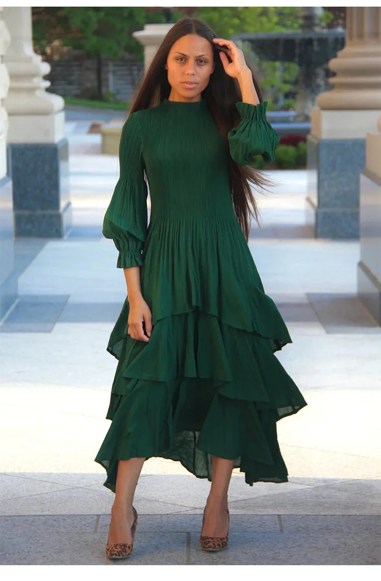 Miyake Pleated Lantern Sleeve Dress - Solid Color Lotus Edge Long Skirt - JStorehub 
