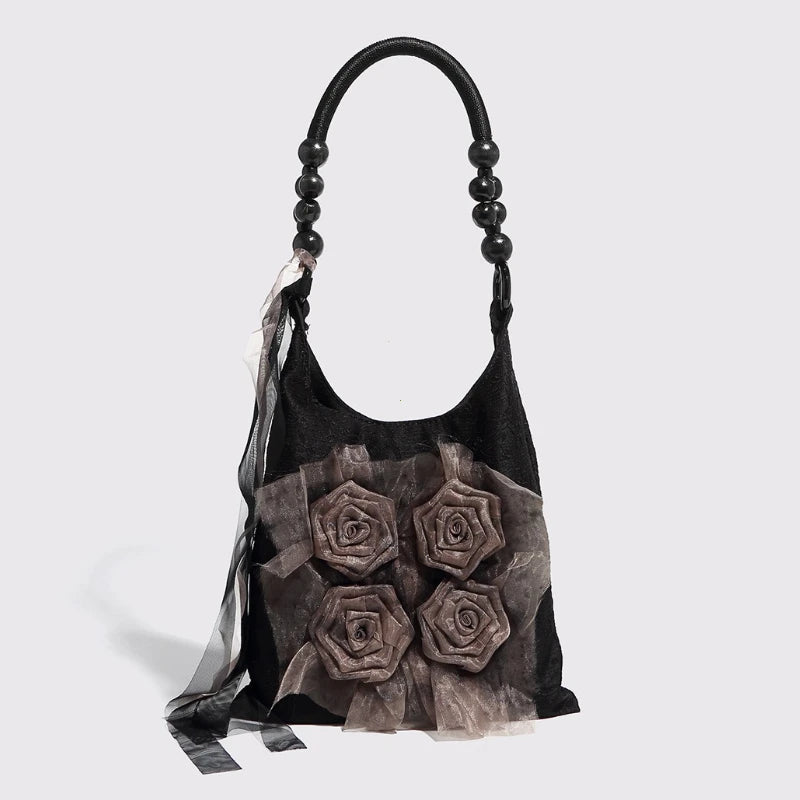 Chinese Style Rose Decor Shoulder Bag - Classic Pleated Commuter Tote Bag - JStorehub 