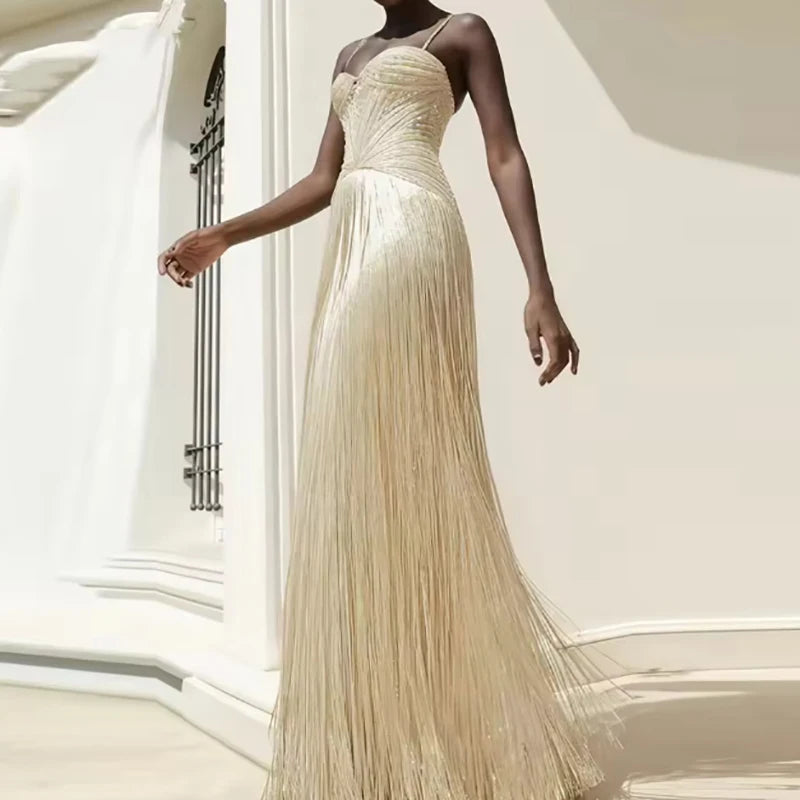 Elegant Women Dresses - Off Shoulder Sleeveless Tassel Dress