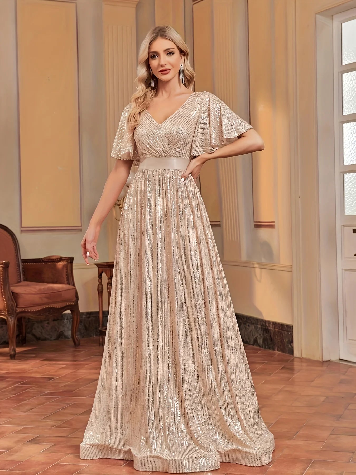 Elegant Retro Flared Sleeve Mesh Evening Gown for Women - JStorehub 