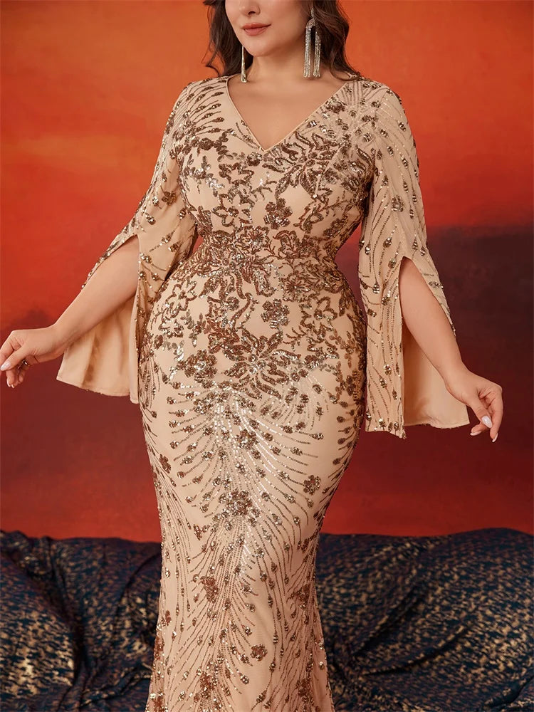 Plus Size Gold Sequin Mermaid Evening Dress - Long Sleeve Formal Prom Gown - SalmanStore 