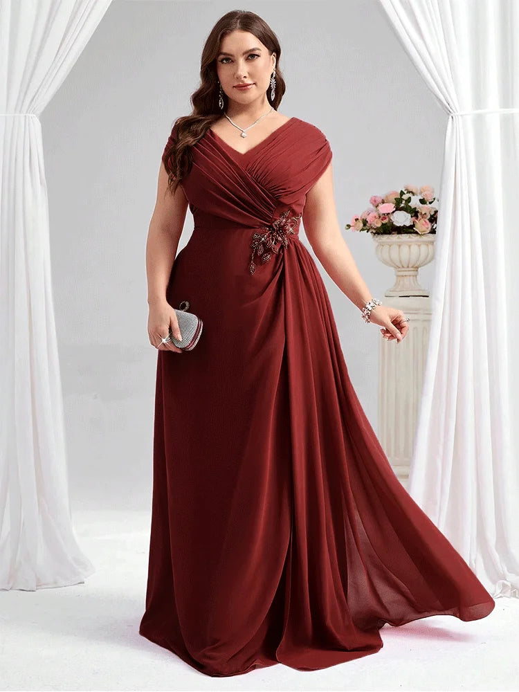 Plus Size Wine Red Chiffon Evening Dress - Luxury 4XL 5XL Mother of Bride Gown - JStorehub 