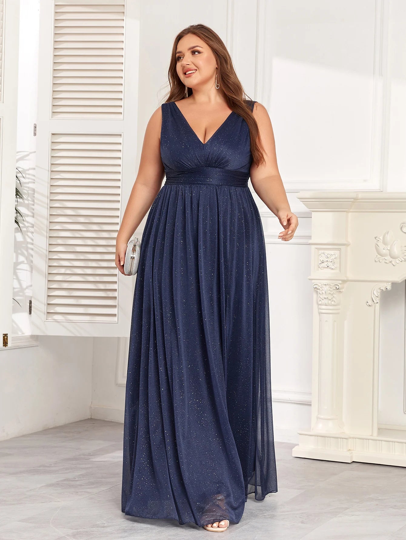 Sparkling Chiffon Double V-Neck A-Line Evening Gown with Side Slit - Bridesmaid Dress - SalmanStore 