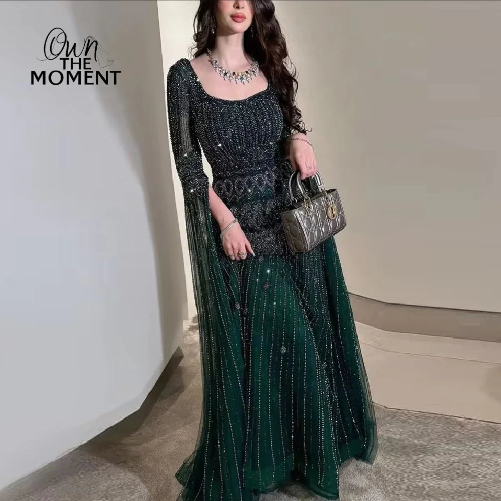 A-Line Beading Prom Dress - Square Collar Long Sleeve Evening Gown - JStorehub 
