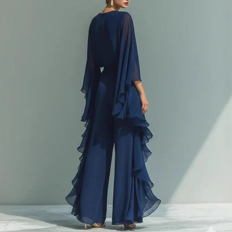 2026 Spring Chiffon 2-Piece Set - Elegant O-Neck Flare Sleeve & Wide Leg Pants - JStorehub 