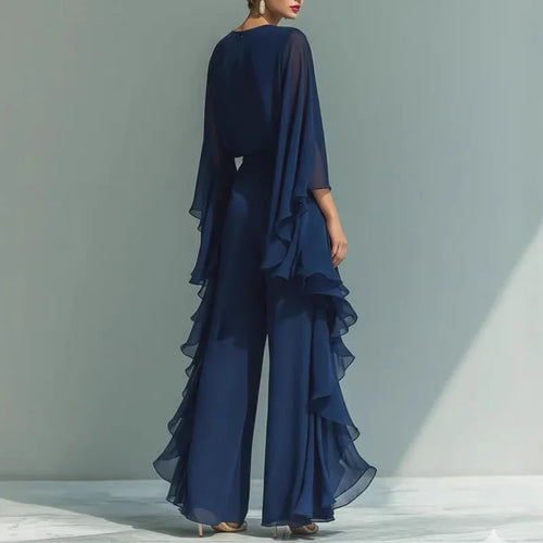 2026 Spring Chiffon 2-Piece Set - Elegant O-Neck Flare Sleeve & Wide Leg Pants - JStorehub 