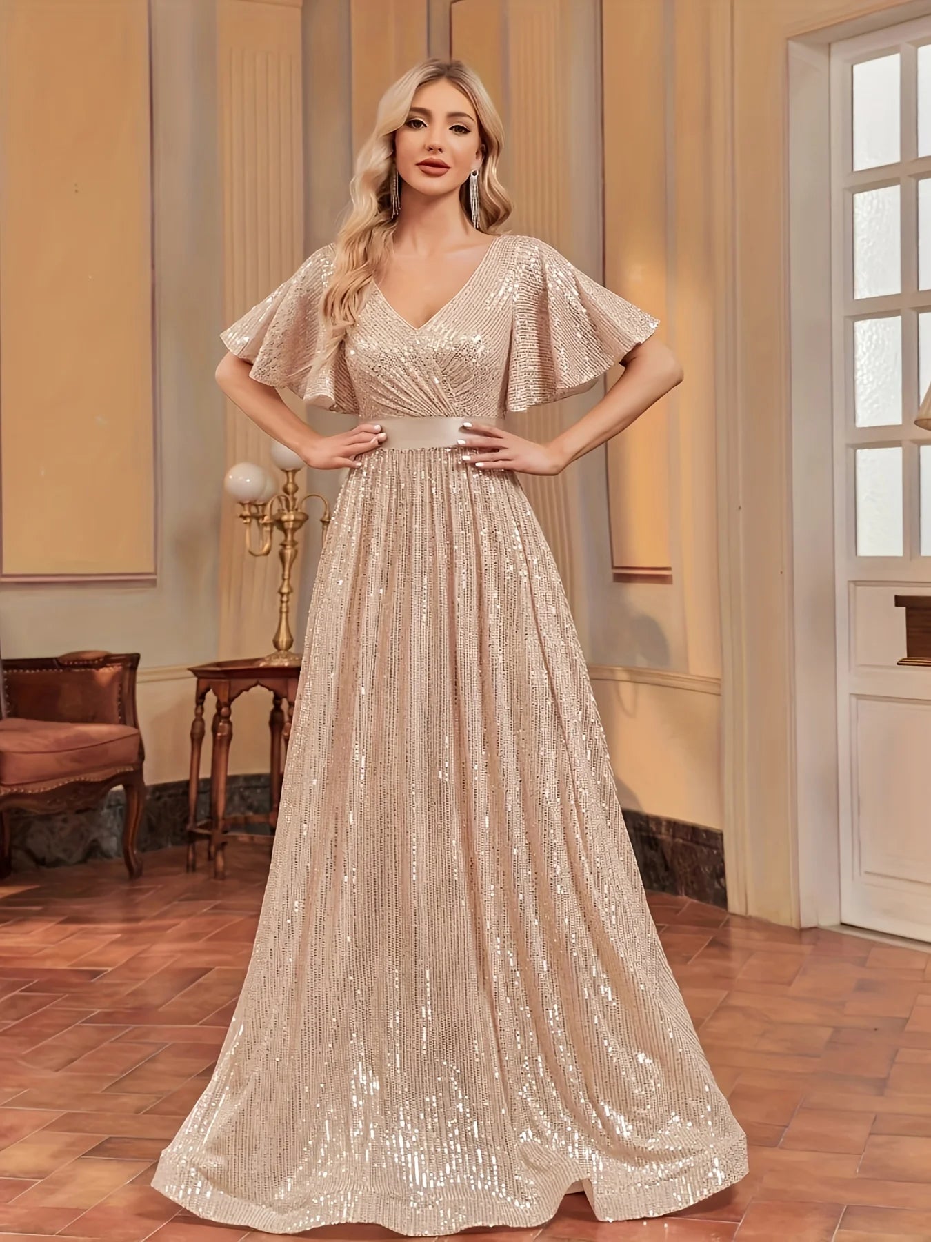 Elegant Retro Flared Sleeve Mesh Evening Gown for Women - JStorehub 